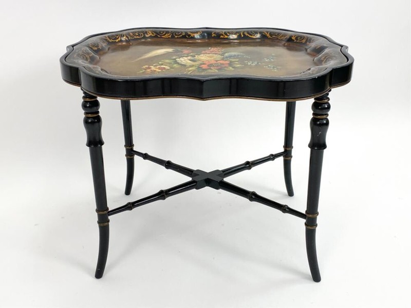 19th Century Hand Painted Tole Tray Top and Bamboo Base Coffee Table gallery