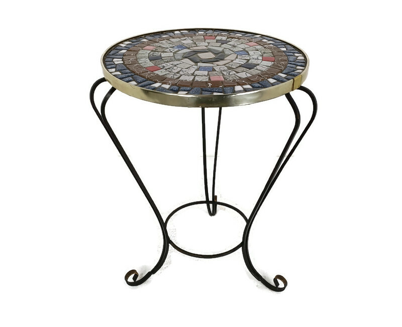 Side Round Table Plant stand Ceramic Tiles Mosaic wrought Iron Legs lovely vint