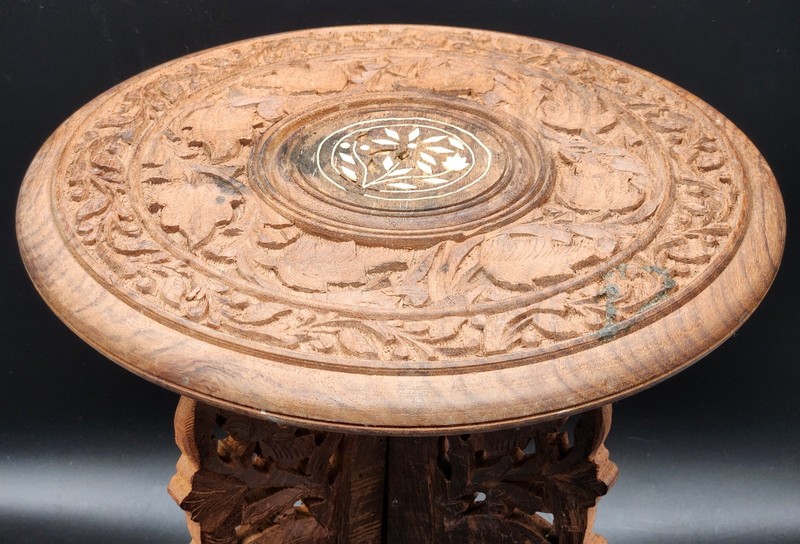 Anglo-Indian Carved Wood Inlaid "Wine" Table w/ Folding Base gallery