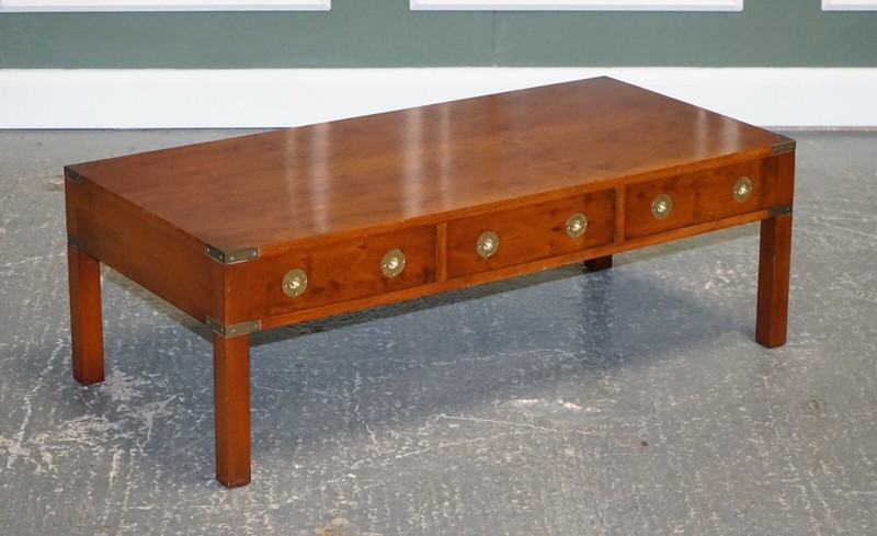 RESTORED BURR YEW & ELM BRASS MILITARY CAMPAIGN 3 DRAWER COFFEE TABLE gallery