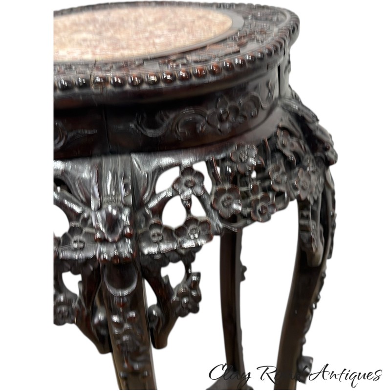 Antique carved rosewood Chinese plant fern stand pedestal marble top table stand gallery