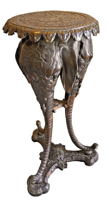 19th C. Heavy Patinated Bronze Sculptural Elephant Head Pedestal, 30+ inch