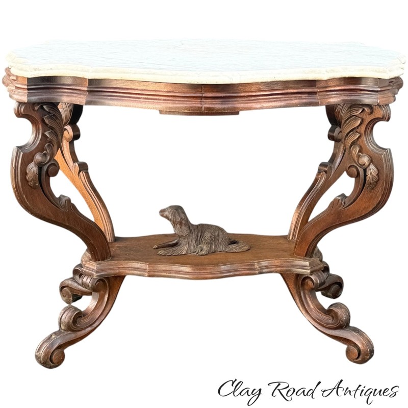 antique Victorian Marble Top Parlor Table Carved Dog Turtle 1870