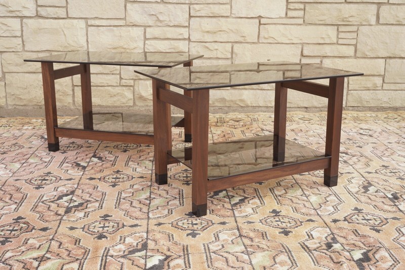 Mid Century Modern Henning Norgaard Komfort Style Smoke Glass & Elm End Tables