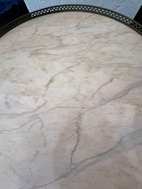 Revival Style Louis XVI Round Table Pink Marble Top Brass Heart Gallery/Cap Feet gallery