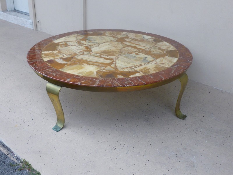 SPECTACULAR MULLER BROTHERS ONYX & ALABASTER COFFEE TABLE W CURVED BRASS LEGS gallery