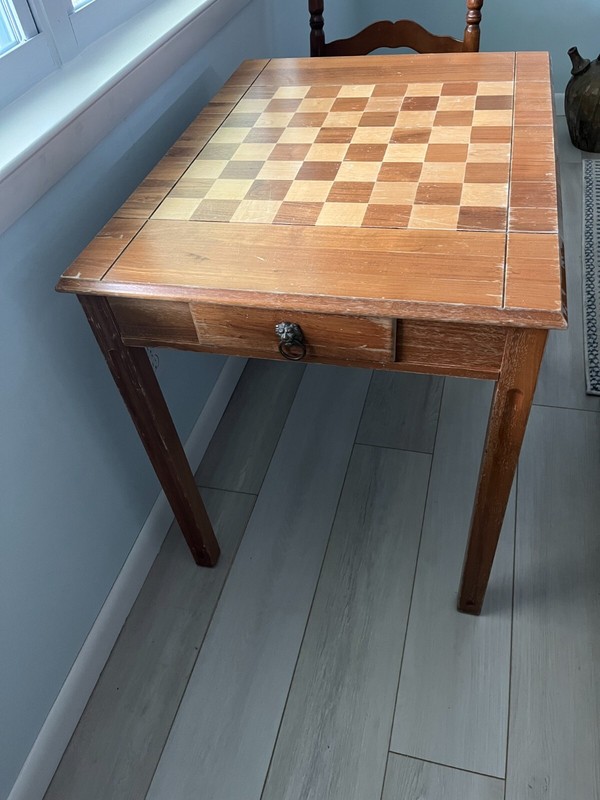 Vtg Drueke Solid Block Wood Chess-Checker Board Table Hand Crafted W. One Drawer