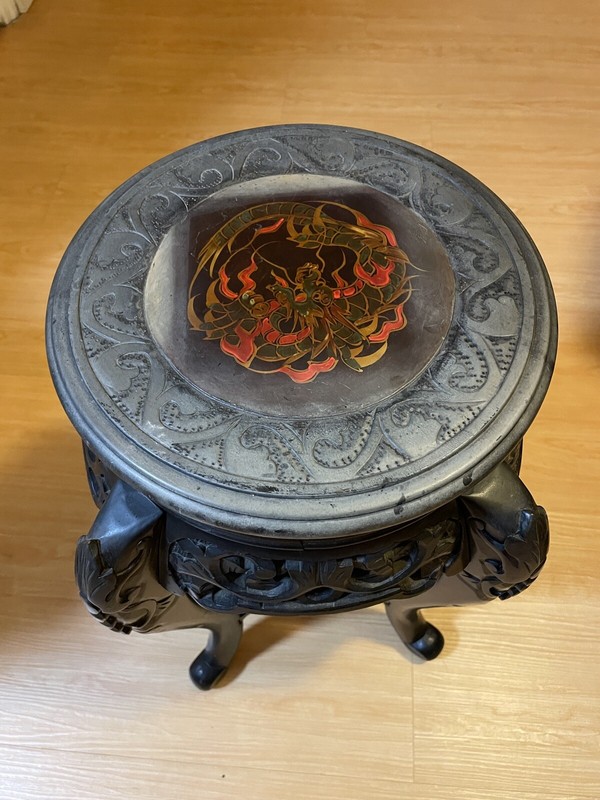 Japanese Carved Wood Black Ebonized 24″ Plant Stand Side Table Lacquer Top