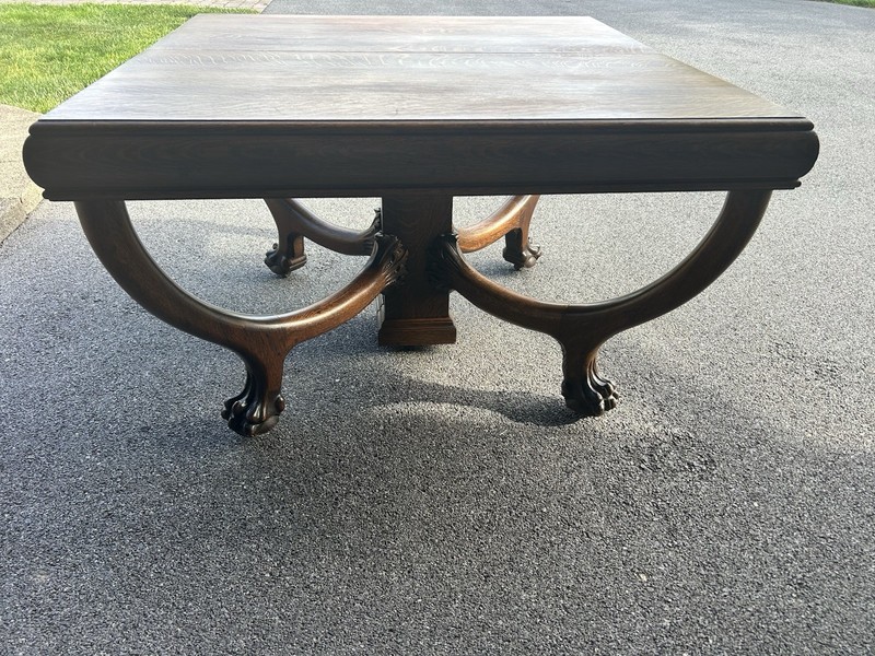Vintage-Antique Solid Tiger Oak Lion Claw Dining Table With Casters And 6 Leaves gallery