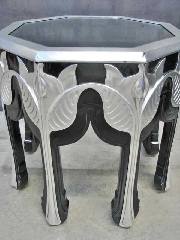 PAIR High-End Interior Crafts Octagonal Black Lacquer & Silver Leaf End Tables gallery
