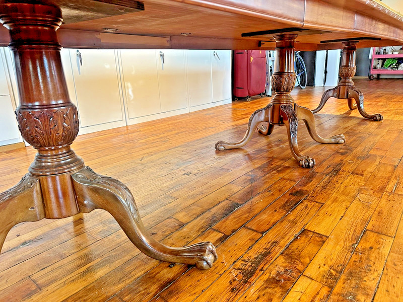 Chippendale Three Pedestal Mahogany Dining Table w/ Two Leaves: Ball & Claw Feet gallery