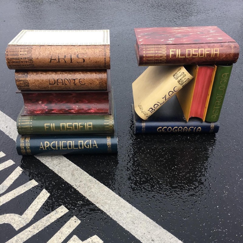 Vintage Italian Classic Book Library Metal Enamel Trompe L’Oeil Tables Pair