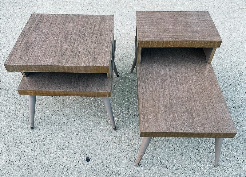 NO SHIPPING VINTAGE MCM ATOMIC BROWN FORMICA END TABLE & SIDE TABLE REALLY SHARP gallery