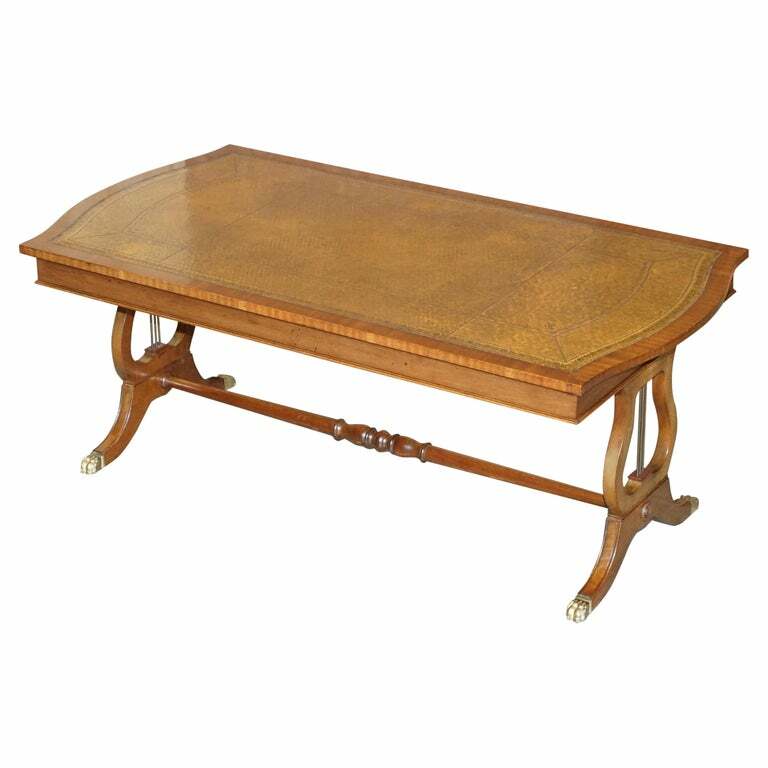 LOVELY VINTAGE MAHOGANY & BROWN LEATHER LARGE COFFEE COCKTAIL TABLE NICE FRAME