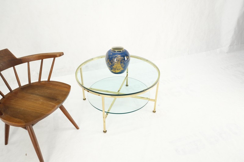 Two Tier Cross Shape Brass Base Round Occasional Coffee Side End Table Stand gallery
