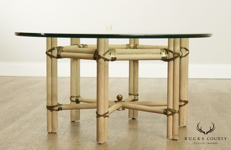 Mid Century Modern Faux Bamboo Wrought Iron & Brass Round Glass Top Coffee Table gallery