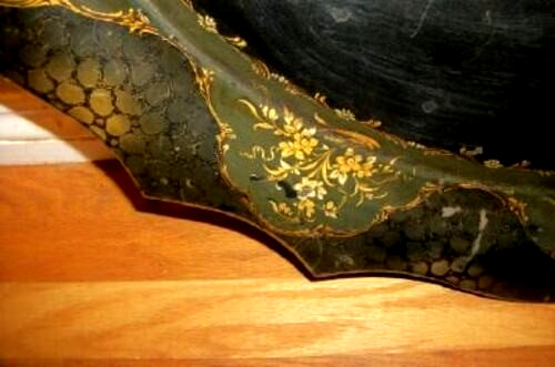 Victorian English HP Tole Tray Table Gilt Floral Green Black Huge Folding Legs gallery