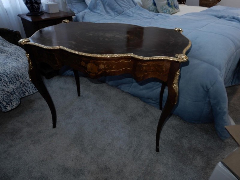 Antique French inlaid console table desk with drawer ormolu gilt trim 40 inch gallery