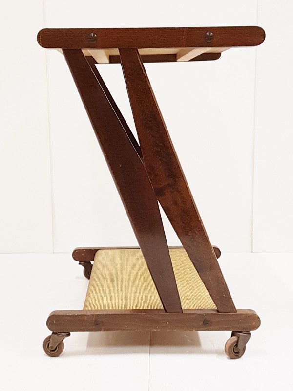 Serving Table TELE Gueridon on Wheels Jullian Oak Metal 1960 Vintage 60s gallery