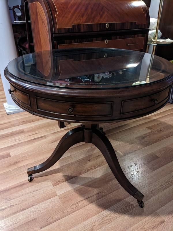 Round Mahogany Table Brass Claw Feet Glass Covered Leather Top 1 Drawer 29.5×26
