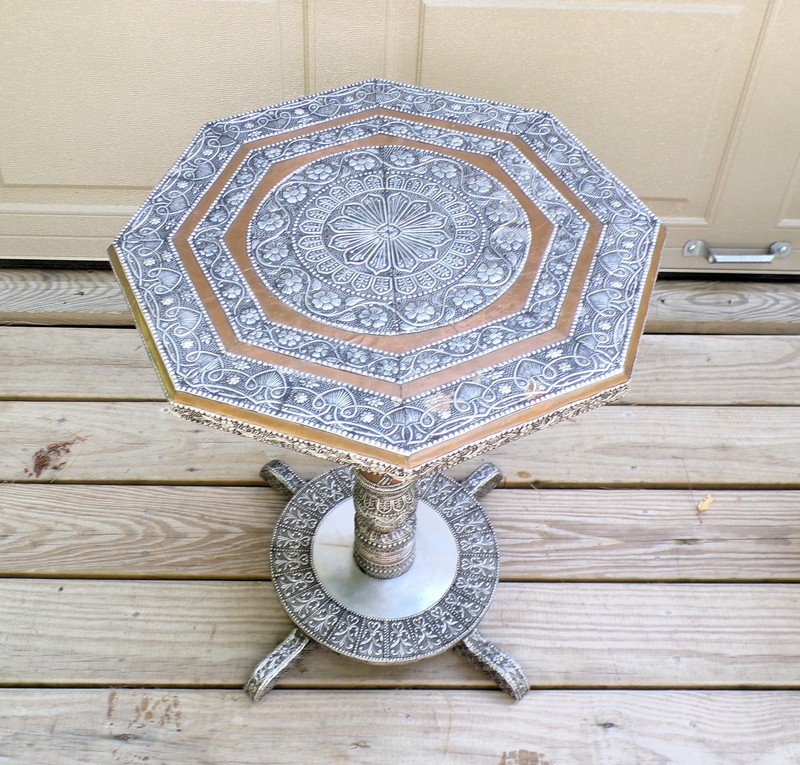 Vintage Moroccan Middle Eastern Style Metal Clad Wood Octagon Table Plant Stand