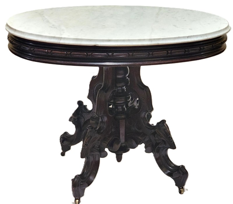 Center Parlor TABLE, Thomas Brooks NYC, Renaissance Victorian, Marble Top, 40″L