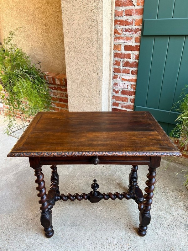 Antique English Console Table Writing Desk Jacobean Barley Twist Carved Oak gallery