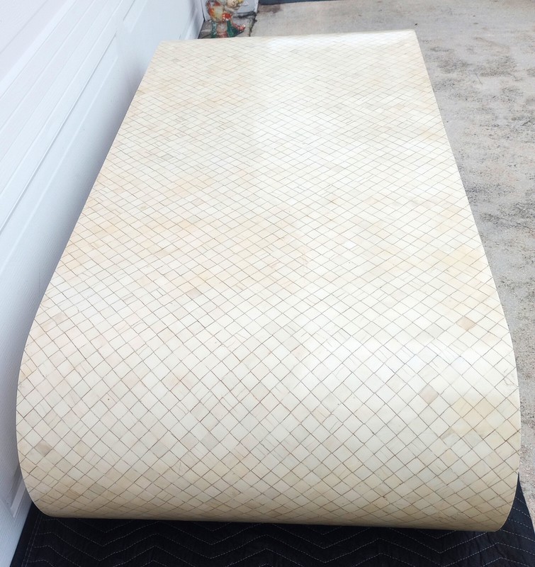 Vintage Mid Century Tessellated Bone Inlay Scroll Coffee Table gallery