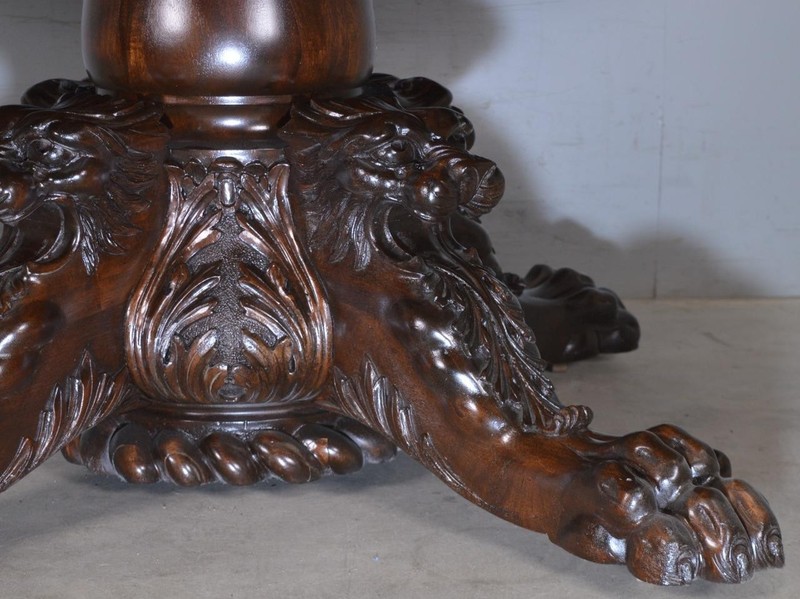 60” Round Mahogany Banquet Table w Heavily Carved Base - Monumental 1890s #22017 gallery