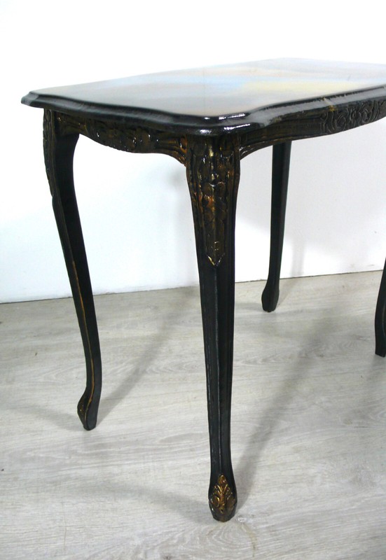 3 Nesting Tables Queen Ann Style, solid wood black marbled tops, 1930s Germany gallery