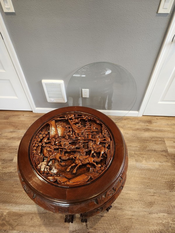 Antique Oriental Coffee Table With Glass Top and 4 Stools gallery