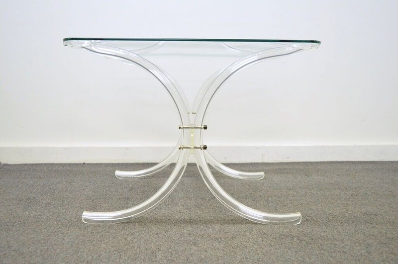 Vintage Mid Century Modern Glass Top Lucite X Form Butterfly Side End Table gallery