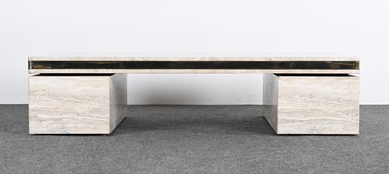 Monumental Travertine and Stainless Steel Coffee Table manner of Karl Springer