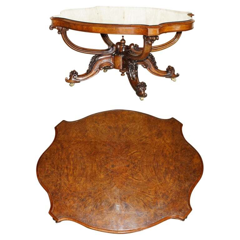 VERY FINE CIRCA 1860 ANTIQUE VICTORIAN ORNATELY CARVED CENTRE BURR WALNUT TABLE