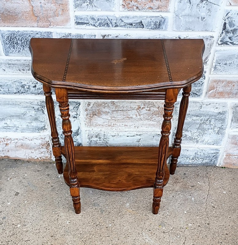 Vintage 2 Tier Scalloped Waterfall Style Inlaid Wood Walnut? Side Table