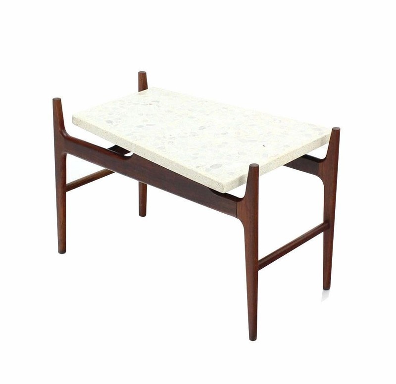 Unusual Trapezoid Travertine Terrazzo Top Oiled Walnut Base End Side Table MINT gallery