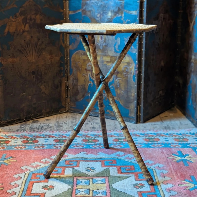 Vintage Bamboo & Cane Tripod Plant Stand Or Occasional Table