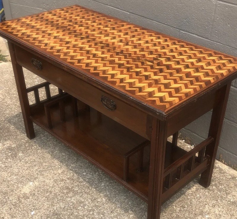 Antique Sofa Table Kitchen Island Marquetry Walnut Wood Inlaid Folk Art Top