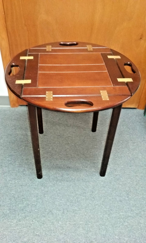 vtg Wood Serving Side Table w Folding Edges, Lift Off Top, Brass Hinges & Legs