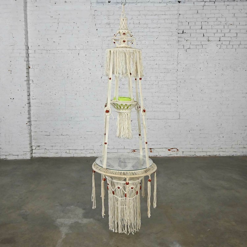 Vintage BoHo Chic White Cord Macramé Hanging Table & Round Glass Top & Green Pot