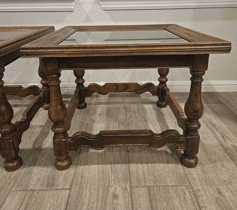 Ethan Allen Royal Charter Oak Square Glass Top Tables Pair Coffee/End Tables EUC gallery