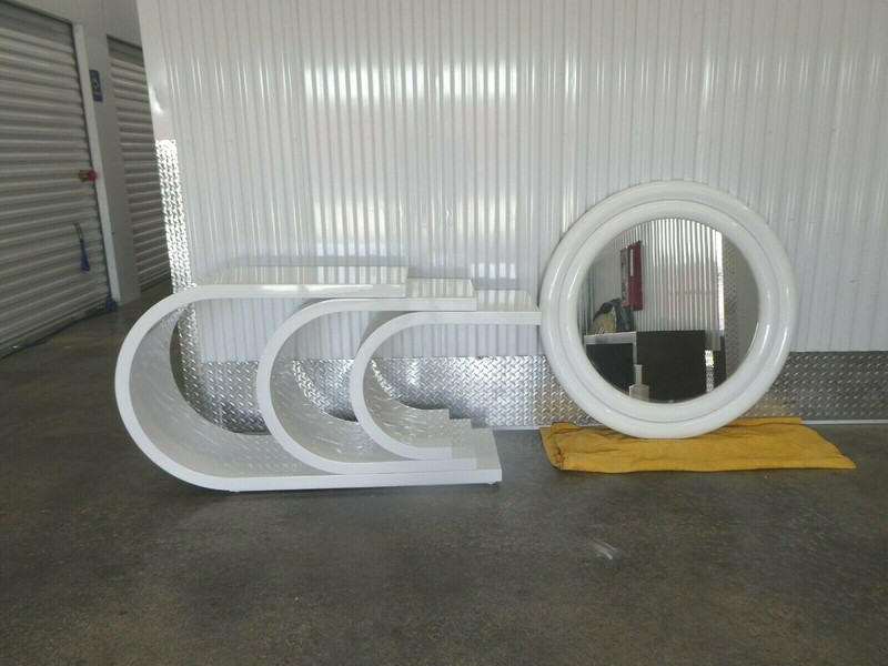 1970'S MOD WHITE LACQUER OVERLAPPING C'S CONSOLE AND MIRROR gallery