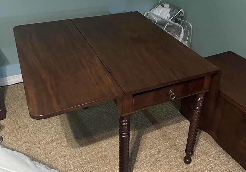 Antique 19th c English Pembroke Mahogany Drop Leaf Table w Rope Carved Legs gallery
