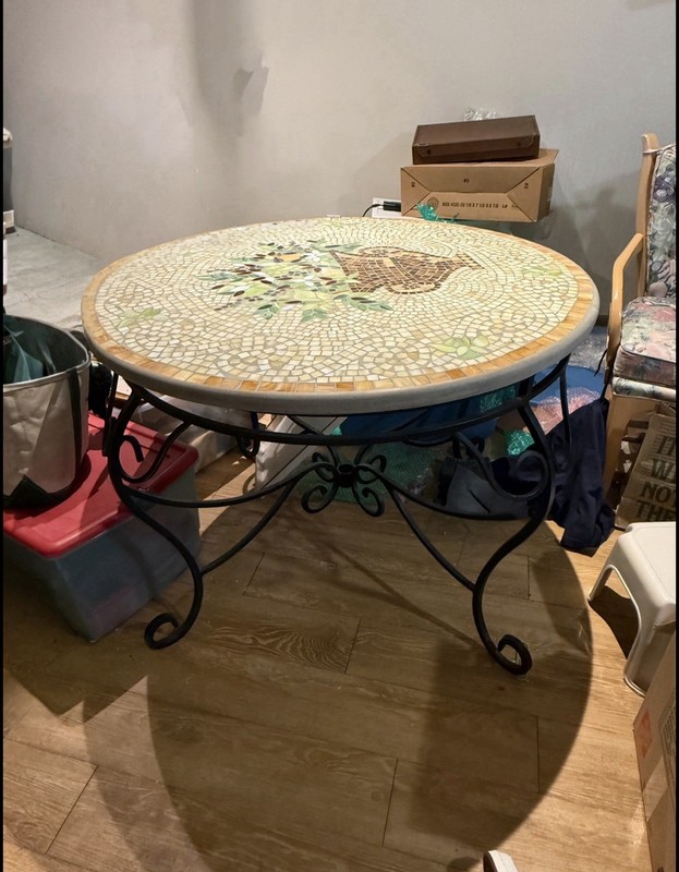 Vintage Mosaic Top Wrought Iron Table – Mediterranean / Tuscan Style – 40” Round