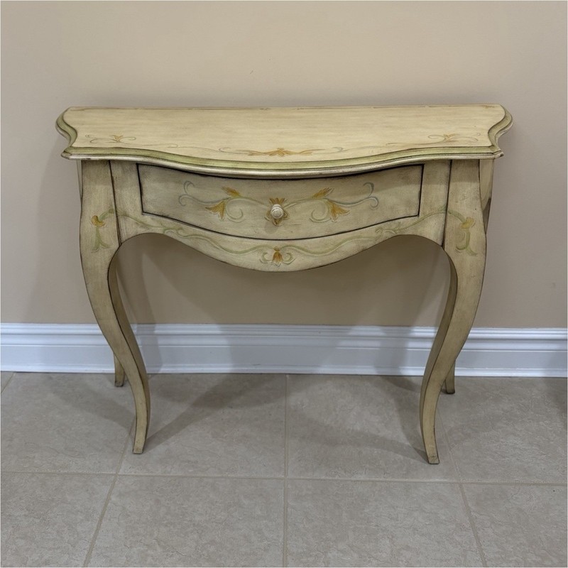 Antique French Country Console Table Wood Curved Beige Gold Carvings Drawer