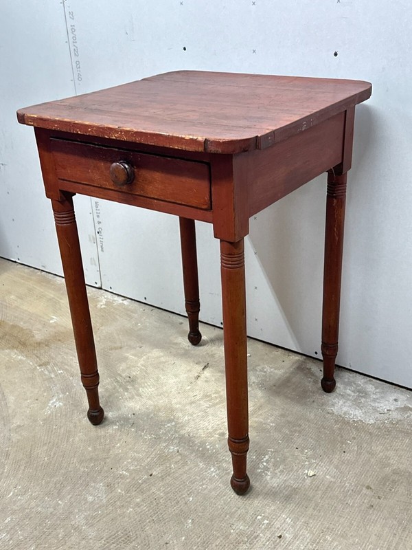 Pennsylvania 1800s red painted work table pine shaped top dovetailed stand gallery