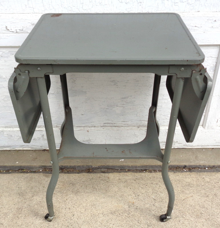 ✨Vtg MCM Industrial Steampunk Drop Leaf Gray Metal Rolling Typewriter Table