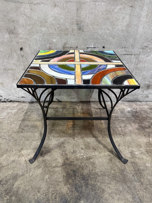 Vintage Stained Glass Side Table Wrought Iron Base Geometric Top
