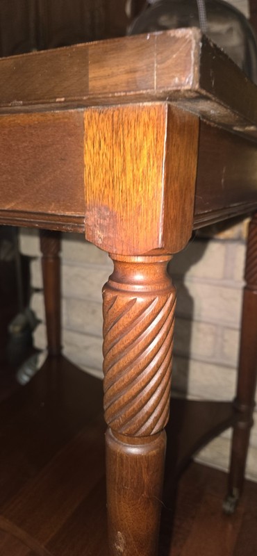 1940s Regency Side Table Leather Top Walnut Wood Tiered Wheels SHOP CLOSE!! gallery
