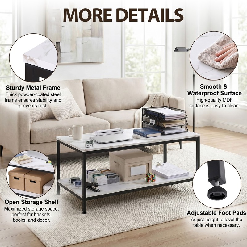 2-Tier Coffee Table for Living Room Farmhouse Center Table w/Storage Shelf White gallery